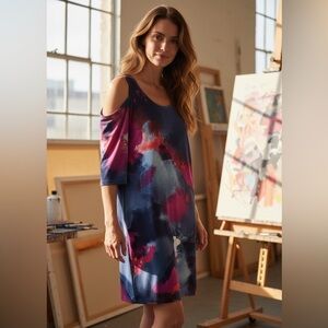 Clara Sun Woo Cold-Shoulder Abstract Print Dress in Navy & Fuchsia